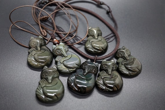 Genuine Obsidian Fox Necklace, Adjustable-length Necklace, Rainbow Obsidian Pendant, Couple Pendant
