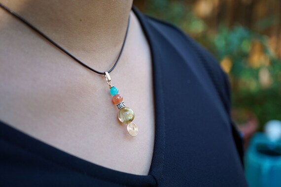 Natural Gold Rutilated Quartz, Sunston Bead, Amazonite Bead Pendant, Gold Spiral Charm, Brown Cord Necklace