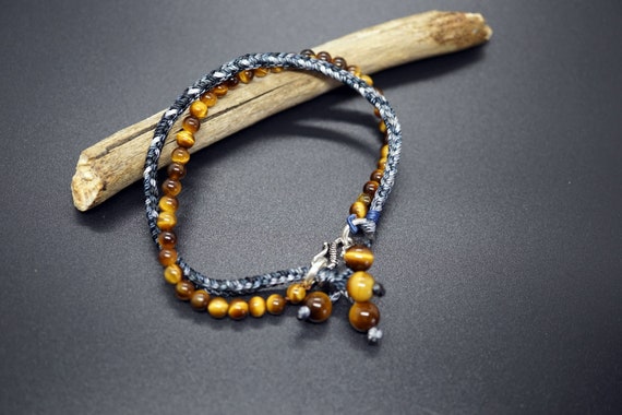 2 Strands Bracelet, Gray Rope Knots Bracelet, Tigers Eye Bead Bracelet, Bead Cord Bracelet 7''