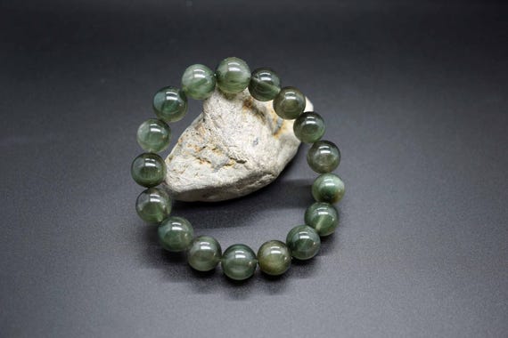 Natural Green Rutilated Quartz, Dark Green Bead, Grade A Quartz, Rutilated Quartz Bracelet, 11mm