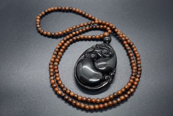 Natural Rainbow Obsidian,Obsidian Pixiu Pendant, Obsidian Gourd Pendant, Mahogany Obsidian Long Necklace