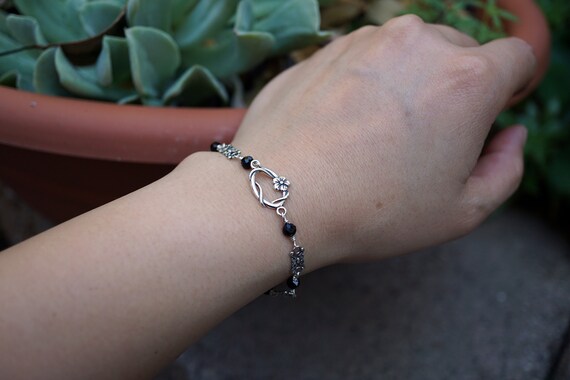 ☆TATIANA☆ Silver 925 Berry Beads Link Chain Bracelet BR218 Sterling Silver Link Bracelet, Handmade Black Tourmaline