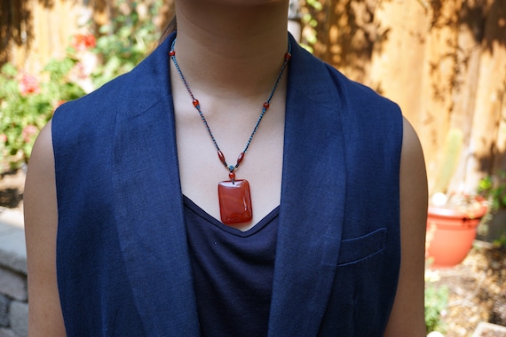 Rectangle Carnelian Pendant, Adjustable Length Cord Necklace, Handmade Adjustable Necklace 40*30mm