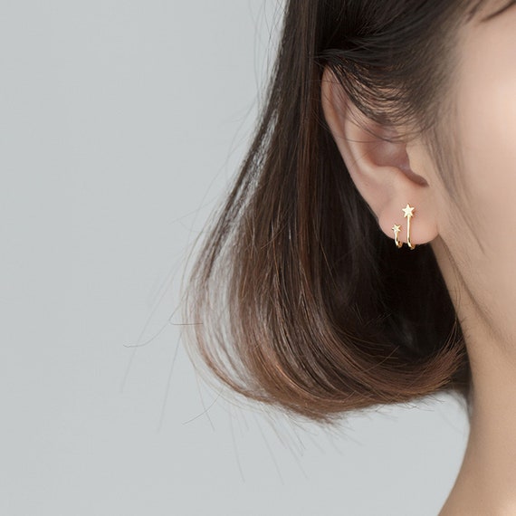 Silver Double Stars Cute Earring Stud Earring Wrap Yellow Silver Gift for HER