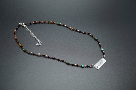 Silver Dandelion Festoon Necklace, Stacking Necklace, Multi-gemstone Necklace, Tiny Bead Choker, Adjustable Charm Necklace