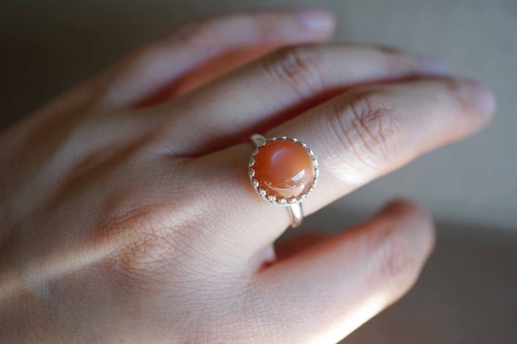 Natural Suntone Ring, Round Orange Gemstone Ring, Sterling Silver Gallery Ring US 8