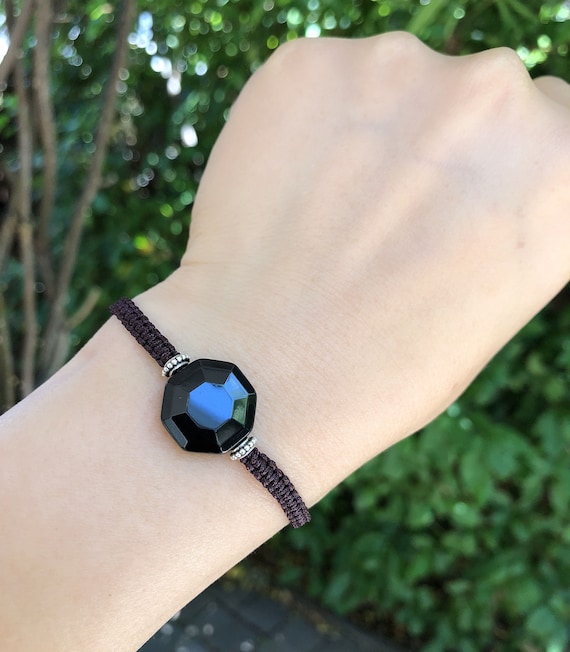 Black Eight Trigrams Obsidian, Braided Brown Bracelet, Feng Shui Bagua Bracelet, Adjustable Length