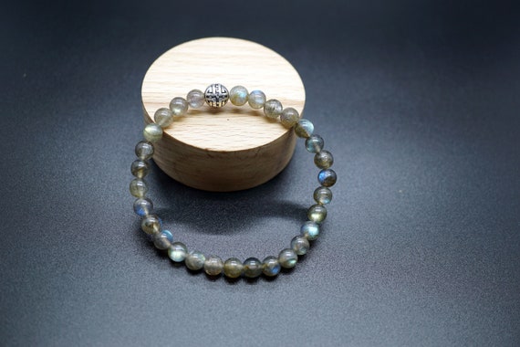 Genuine Labradorite Beaded Bracelet, Antique Silver Bead, Blue Flash Light Labradorite 6.2mm
