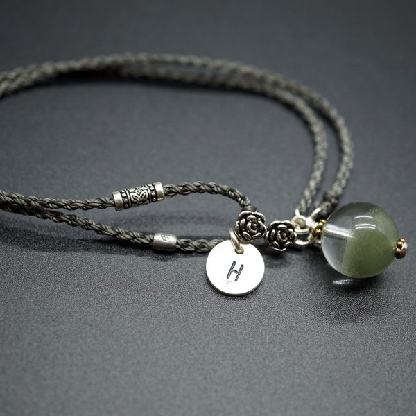 Natural Green Phantom Necklace, Braided Gray Cord Choker, Silver Charm Bracelet, 2 Strands Bracelets