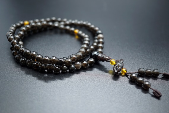 Black Obsidian 108 Prayer Bracelet 5.5mm Transparent Obsidian Prayer Stretch Bracelet 3 Layers