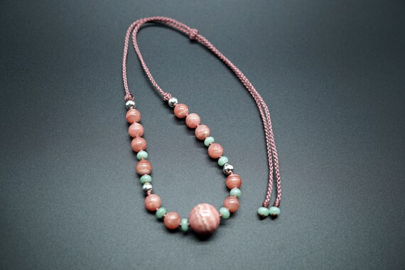 Natural Rhodochrosite Necklace, Rhodochrosite Beaded Necklace, Pink Adjustable Necklace 24''