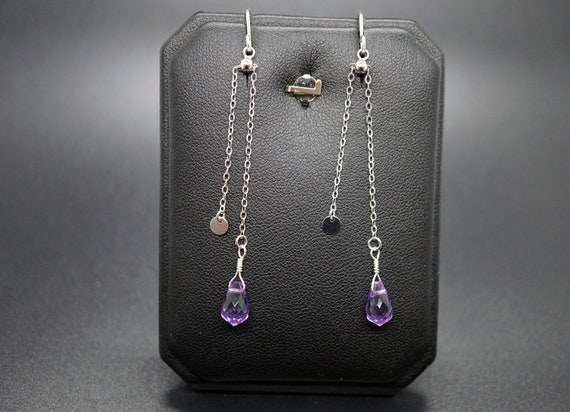 Natural Briolette Amethyst Sterling Silver Dangle Earrings Chain Earring Best Gift to Her
