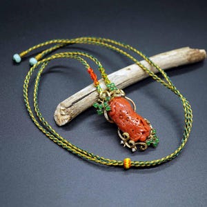 Natural Red Coral Pendant, Carved Coral Pendant, Ruyi Coral Charm, 18k Yellow Gold Pendant, Adjustable Length Necklace