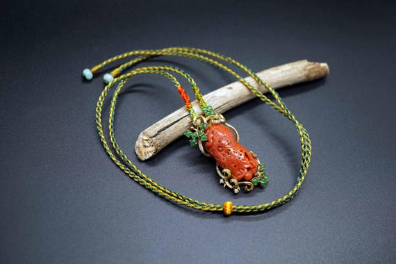 Natural Red Coral Pendant, Carved Coral Pendant, Ruyi Coral Charm, 18k Yellow Gold Pendant, Adjustable Length Necklace
