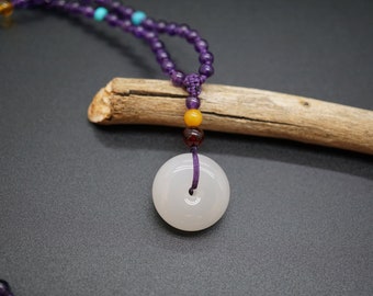 Natural White Jadeite Pendant, Donut Jade Charm, Adjustable Amethyst Bead Necklace