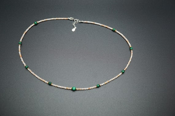 Tiny Chalcedony Bead Necklace, Malachite Bead Necklace, Beaded Choker Necklace