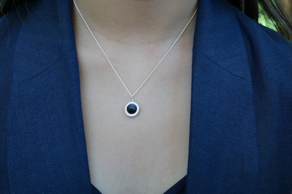 Sterling Silver Necklace, Blue Goldstone Pendant, Silver Circle Goldstone Pendant, 16inch