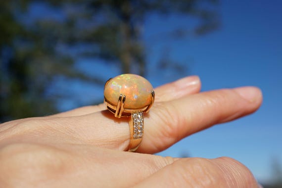 Natural Rainbow Opal 18K Gold Ring with Diamond - US6 3/4