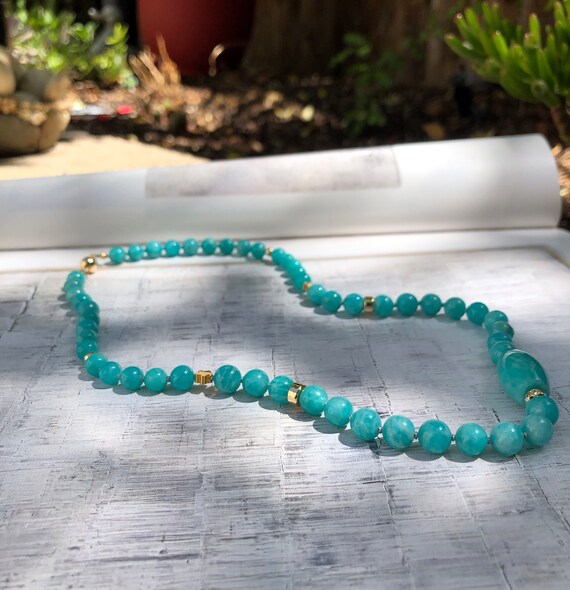 Genuine Amazonite Necklace, Blue Beaded Necklace, Knotted Bead Necklace, Blue Barrel Charm Necklace