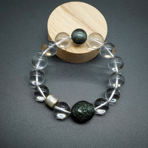 Real Clear Quartz Bracelet, Obsidian Pixiu Bracelet, Unique Quartz Crystal Bracelet 14.7mm