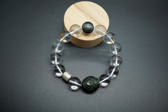 Real Clear Quartz Bracelet, Obsidian Pixiu Bracelet, Unique Quartz Crystal Bracelet 14.7mm