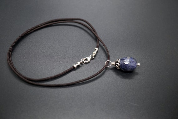 Natural Faceted Oval Sapphire Pendant With Brown Cord 17.5'' Gift For Her For Him