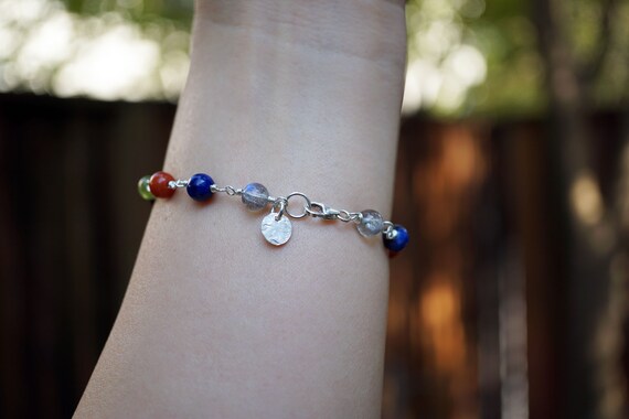 Sterling Silver Multi-gemstone Bracelet,  Handmade Silver Link Bracelet, Malachite Citrine Bracelet