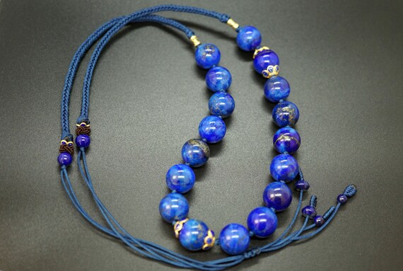 Lapis Lazuli Beaded Necklace, Lapis Lazuli Handmade Long Necklace,12MM Adjustable Length