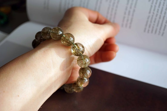 Natural Green Tourmaline Rutilated Quartz, Rutilated Bead Bracelet, Green Rutilated Quartz 13.4mm