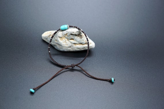 Braided Silver Bracelet, Brown String Bracelet, Silver Turquoise Bracelet, Handmade Silver Bracelet