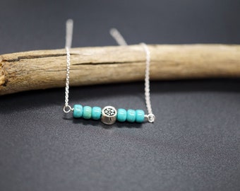 Chinese Turquoise Bar Charm, Sterling Silver Chain Choker Necklace With Ancient Silver Coin Bead Healing Gift for Her
