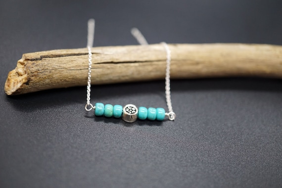 Chinese Turquoise Bar Charm, Sterling Silver Chain Choker Necklace With Ancient Silver Coin Bead Healing Gift for Her