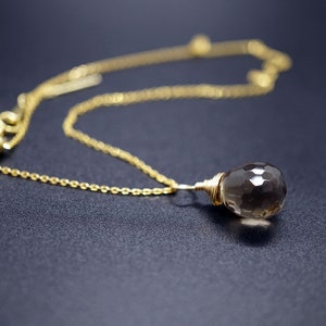 Briolette Smoky Quartz Charm, Handmade Quartz Pendant, Adjustable Chain Necklace