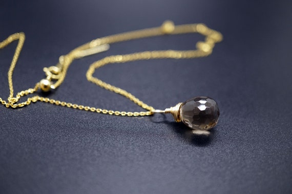 Briolette Smoky Quartz Charm, Handmade Quartz Pendant, Adjustable Chain Necklace