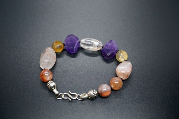 Multicolor Bead Knotted Bracelet, Natural Crystal Quartz Bracelet, Sterling Silver Bracelet