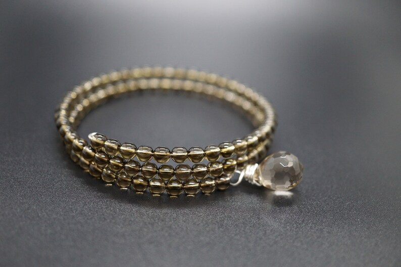 Smooth Smoky Quartz 2 Strand Memory Wire Bracelet Bangle with Tiny Charms 4mm For Her