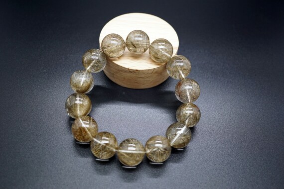 Natural Silver Rutilated Quartz Bracelet Round 16mm Healing Quartz Chakra Gemstone
