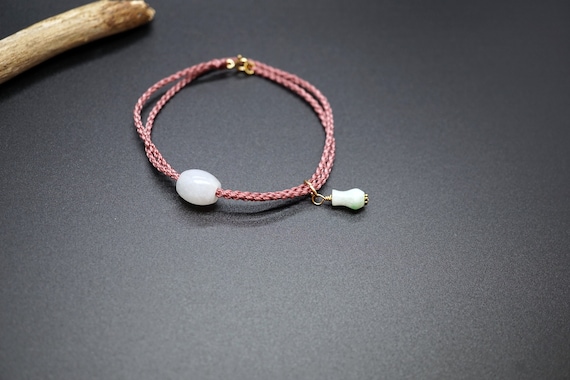 Braided Jade Bracelet, 2 Strands Pink Cord Bracelet, Jade Charm Bracelet, Braided Cord Bracelet