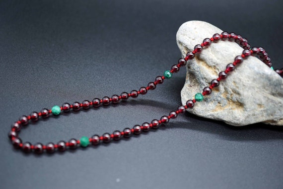 Garnet Bead Necklace, Malachite Bead Necklace, Tiny Garnet Necklace, January Birthstone, Adjustable Length
