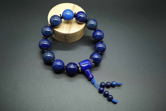 Natural Lapis Bracelet, Big Blue Beaded Bracelet, Lapis Lazuli Bracelet, Statement Bracelet for Men, 16MM
