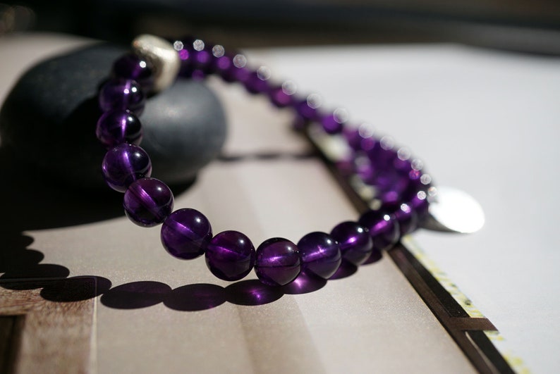 Natural Amethyst Sterling Silver Bracelet Round Beads Elegant February Birthstone Crystal Healing 6.8MM