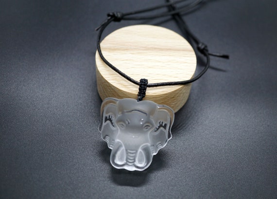 Genuine Clear Quartz Elephant Head Pendant in Adjustable Black Leather Cord Healing Gift for Her Animal Figurine