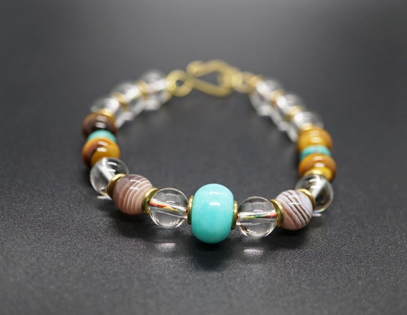 Amazonite Clear Quartz Bracelet,Tiger's eye Copper Bracelet, Multi-beads Bracelet
