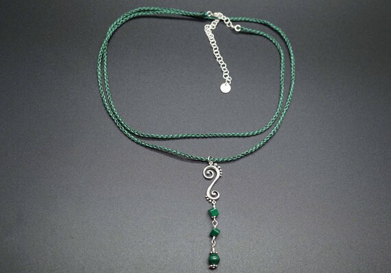 Sterling Silver Double Swirl Pendant, Green Malachite Charm Necklace, Green Cord Long Necklace, 2 Layers Necklace