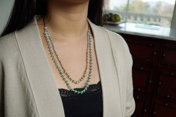 Natural Jade Beaded Necklace, 2 Strands Jade Necklace, Hand Knotted Beaded Necklace 22''