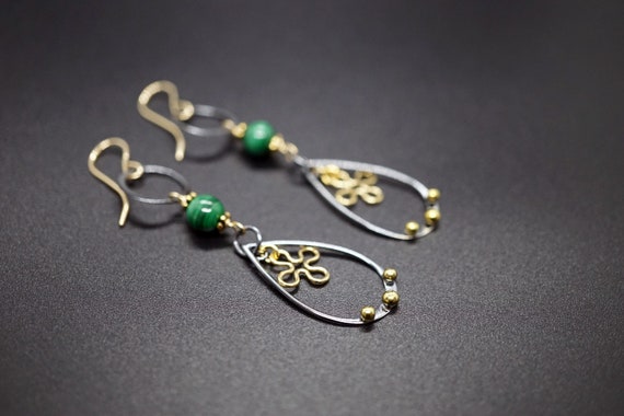 Black Silver Teardrop Charm Earrings, Mixed-metal Hook Earring, Malachite Drop Earrings