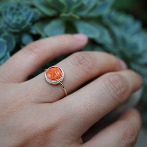 Genuine Carved Coral Ring: Gold Filled Round Gemstone Ring, US 7