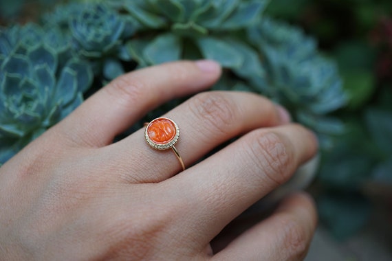 Genuine Momo Coral Ring, Gold Filled Coral Ring, Carved Round Coral Ring US 7