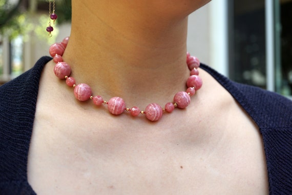 Natural Rhodochrosite Necklace, Rhodochrosite Beaded Necklace, Pink Bead Choker