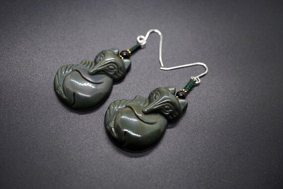 Natural Obsidian Fox Charming Dangle Earing Silver Hook Personalized Earring Gift For Her